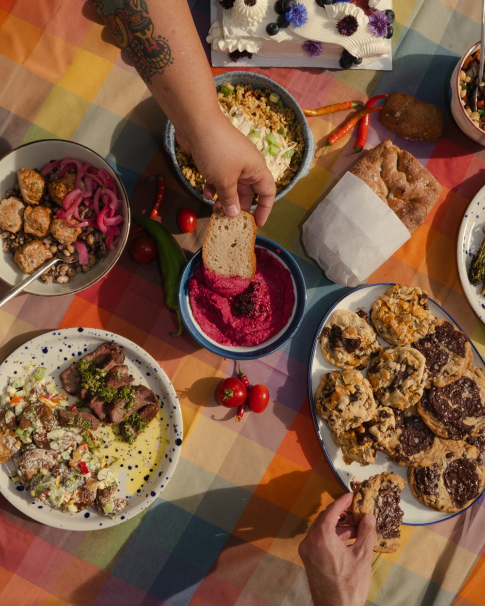 Overhead of a catering spread on a picnic table